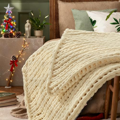 Oatmeal Grobstrickdecke, handgefertigt, warmer und weicher Chenille-Überwurf, waschbar, dekorative Strickdecke mit Jumbo-Chenille-Garn für Couch, Bett, Sofa, 127 x 152,4 cm