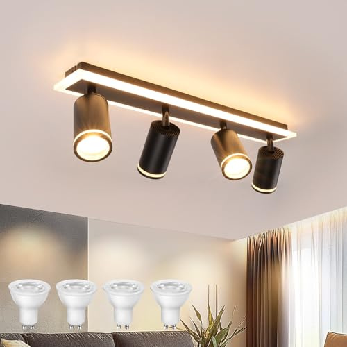 URing Deckenstrahler LED Schwarz Deckenstrahler 4 Flammig Schwenkbar 350° | Deckenleuchte mit unteres Glühen 14W+ 4x5W GU10 LED, 3000K Deckenspots Küchenlampe Deckenlampe Strahler für Wohnzimmer Flur