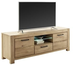 möbelando Lowboard >SILIAS< TV-Lowboard II aus massiver Wildeiche mit 2 Türen, 1 Schubkasten und offenem Fach mit Glasboden für Fernseher bis 60 Zoll, FSC-Zertifiziert, Maße: 192x65x50 cm
