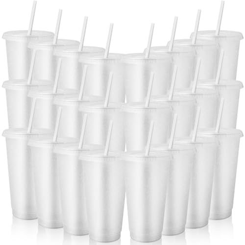 TESIN 24 Stück Plastikbecher mit Deckel und Strohhalm, 710 ml Weiß Wasserflasche für Erwachsene und Kinder, Eiskaffee, Reisebecher, Becher, wiederverwendbare Becher, perfekt für Partys, Geburtstage