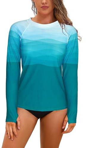 SHEKINI Traje de Baño de Manga Larga con Protección Solar para Mujer Camiseta de Surf con Estampado de Paisaje（M，GradienteJB）