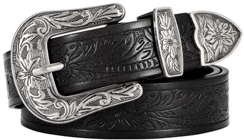 VONMELLI Western Gürtel Damen, Damen Cowgirl Ledergürtel für Hosen Jeans Taillengürtel mit Vintage Floral Carved Design Plus Größe S-XXXL Schwarz Passform Taillenumfang 93-102cm