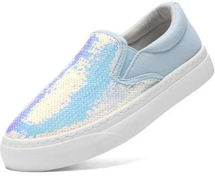 maxvinci damer glitter canvas sneakers slip-on tygskor paljetter segelskor andas platta loafer promenadskor, blå, 40 EU