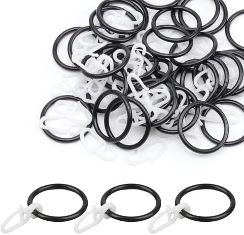 HERKINDNESS 50 Stück Vorhang Ringe, Innendurchmesser 30 mm Gardinen Ringe, mit Kunststoffhaken Duschvorhangringe, Schwarz Gardinenringe mit Haken, für Vorhangaufhängung