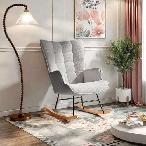 Lodera Mecedora, Silla Mecedora, Fauteuil Allaitement en Tissu Teddy Beige, Asiento Acolchado, Patas de Madera Maciza, para Salón, Dormitorio o Balcón (Gris Claro)