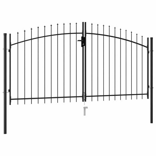 Gecheer Fence gate double leaf with spear tips steel 3 x 1.5 m black Home Fence Model146028