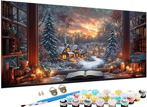 Malen Nach Zahlen Erwachsene Landschaft Malen Nach Zahlen Winter Ölgemälde Kit, DIY Paint by Numbers Groß XXL Leinwand Kinder Kreativ Set mit Pinseln Acrylfarbe, Geschenke für Frauen 40x80cm J3-41