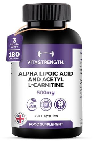 Vitastrength. Alpha Lipoic Acid 200mg & Acetyl L-Carnitine 300mg | 500mg High Strength Total Per Serving | 180 Capsules (90 Day Supply) | Made in UK