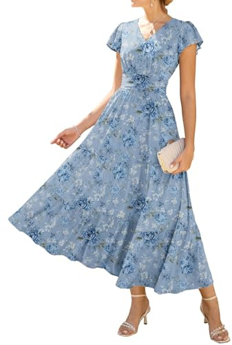 GRACE KARIN Women's Summer V-Neck Floral Dress with Pockets Ruffle Sleeves A-Line Fitted Waist Dresses