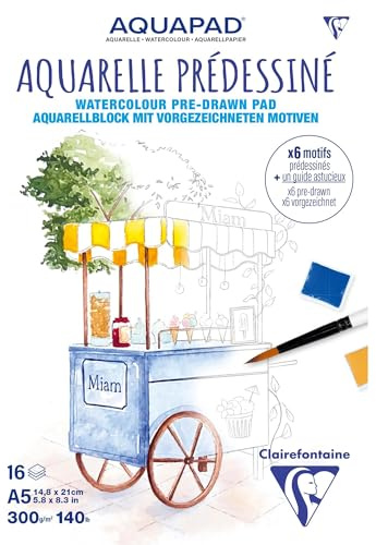 Clairefontaine 976071C Bloc Pegado Acuarela Pre-Dibujado A5 14,8x21 cm 300g - 15 Hojas Papel Acuarela Blanco Grano Fin - Tema Golosinas