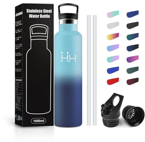 JAPORIA Borraccia Acciaio Inox 1 Litro, Bottiglia senza BPA, Acciaio Inossidabile con Cannuccia, a Prova di Perdite, Borracce per Ufficio, Ciclismo, Palestra, Scuola