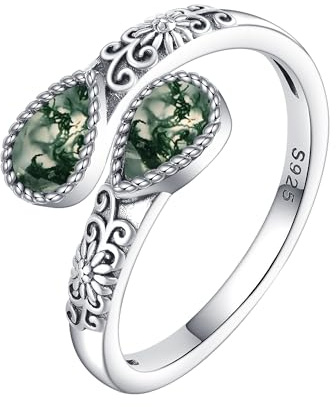 925 Sterling Silver Moss Agate Rings for Women Adjustable Sunflower Thumb Ring Vintage Antique Spoon Jewellery Gifts