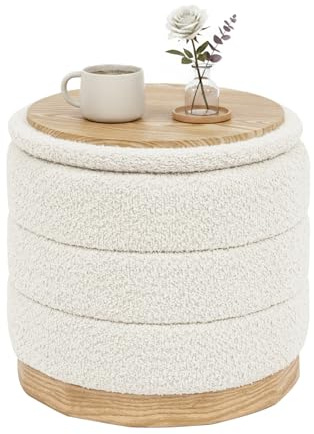 Bonlife Sittpall med förvaringsutrymme och bordsskiva, Rund klappstol fotstöd sittbänk för vardagsrum sovrum hall, Chenille, trämönster-konstläder bas, Vit, 39X39X37 cm