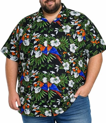 King Kameha Camicia Hawaiana Uomo a Maniche Corte per Taglie Forti con Stampa Pappagallo e Ciliegia, Cherryparrot, Nero, 9XL