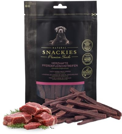 SNACKIES Herzhafte Pferdefleischstreifen 400g Premium Snacks für Hunde, ohne Zusatz von Getreide, Zucker, Farb-, Aroma- und Konservierungsstoffe, schonend luftgetrocknete Leckerli