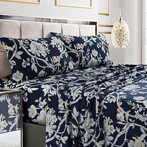 Tribeca Living Soft Cotton Sateen Floral Print, Extra Deep Pocket, 300 Thread Count, 4-Piece Bed Sheet Set, Full Size, Colmar Navy Blue/Multi