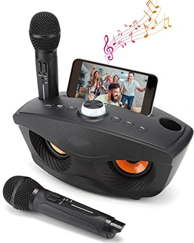 Máquina de Karaoke Portátil para Fiestas en Casa con 2 Micrófonos Inalámbricos, Altavoz Bluetooth, Tarjeta microSD, AUX, FM y USB