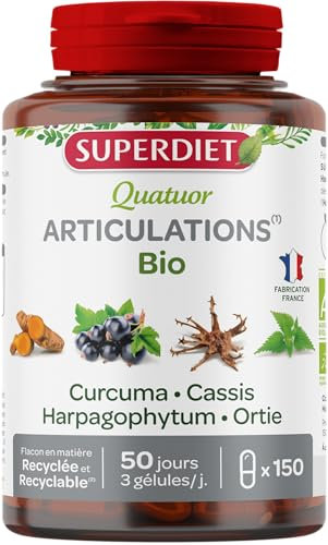 SUPERDIET - QUATUOR ARTICULATIONS BIO – Articulation – Curcuma, Cassis, Harpagophytum, Ortie – Fabrication française – 150 gélules
