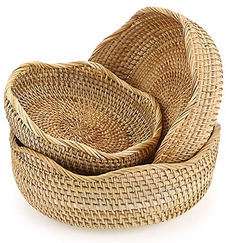 Sumnacon Set mit 3 runden geflochtenen Rattan-Obstkorb, Brot, Servierkörbe, Snack-Aufbewahrungsschalen, Tisch, Schreibtisch, Arbeitsplatte, dekorative Aufbewahrungskörbe, gewellter Rand