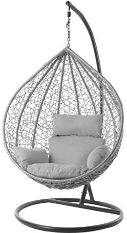 Kideo® Komplettset: großer Hängesessel mit Gestell & Kissen, Lounge Möbel, Poly-Rattan, XXL, grau (grau Nest (8008 Cloud))