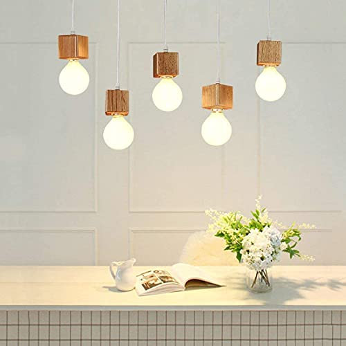 SAIVITT LED Rechteck Pendelleuchte Holz Esszimmer Lampe Platz Holz Schirm Hängelampe 5-flammig Esstischlampe Höhenverstellbar Design Modern Kronleuchter für Büro Wohnzimmer Arbeitszimmer Lüster
