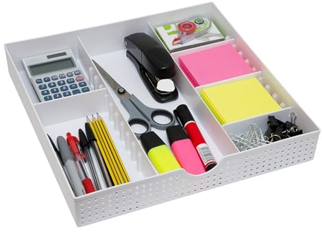 Amtido Plateau de rangement de tiroir pour fournitures de bureau et accessoires, Organisateur de Bureau – Boîte de rangement – 3 compartiments avec 4 séparateurs réglables – Blanc