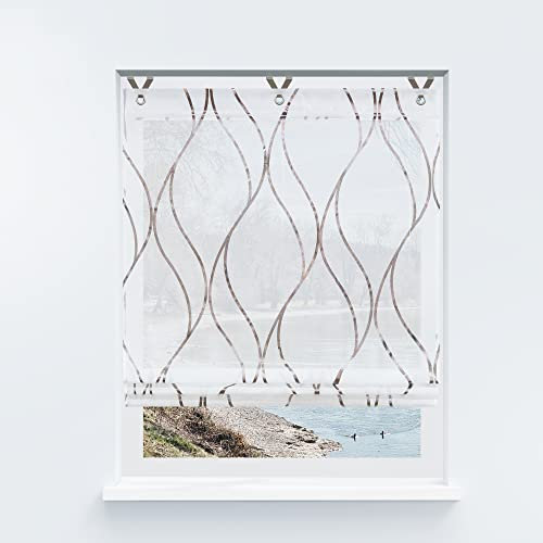 Yujiao Mao Voile Raffrollo ohne Bohren mit modernen Streifen Druck Ösenrollo Raffrollos mit Hakenaufhängung Transparenter Vorhang Braun BxH 100x130cn 1 Stück