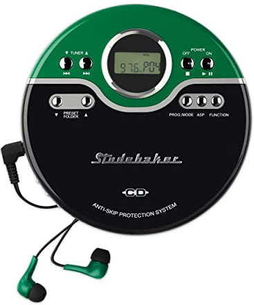 Studebaker Green Retro Portable CD Player CD-R/RW MP3 Playback Programmable Personal CD Player Anti-Skip FM Radio Mega Bass Boost Sport Earbuds (Vintage Green)