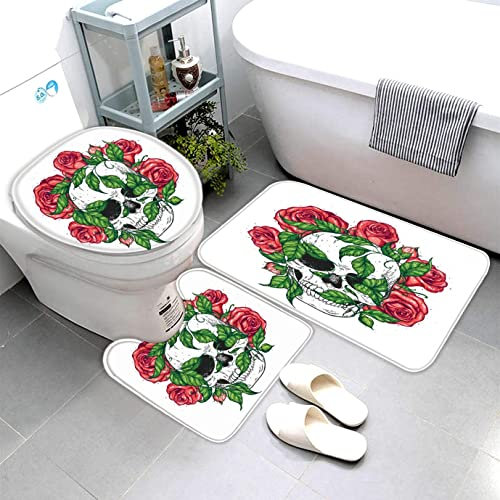 AOLIGL Badezimmermatte Set Schädel Rose 3D Drucken Gotisch Teppich Badezimmer Badgarnitur 3teilig Mikrofaser Bath mat U-förmigen Contour Matte- WC Vorleger 40 x60