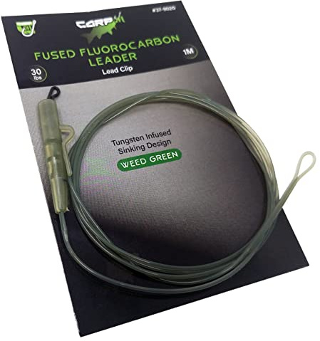CARP ON - Ligne 1 m/100 cm 13,6 kg CARP LEADER – Pivot à liaison rapide en fluorocarbone infusé de tungstène – Design coulant – (base + caoutchouc queue et clip de plomb, vert camouflage) [37-9020]