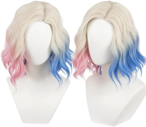 NiceLisa Sinclair Wigs Mittwoch Blonde Kurze Welle Locken Perücken mit Rosa Blau Haar Wednesday Frauen Anime Cosplay Perücke