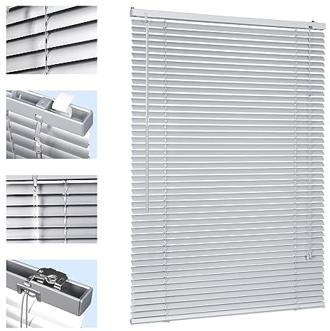 Sekey Klemmfix-Jalousie für Fenster freihängend, 25mm Alu-Lamellen, mit Bohren, inklusive Montagematerial Aluminium-Jalousie ohne Bohren, 95x160cm,Silber