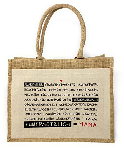 TOBJA Jutetasche für Mama | 33x19x42 cm | Baumwollfront mit Extra-Fach | Bedruckt mit herzlichem Spruch als Dankeschön. Tote Bag für Mutter.