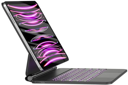 HOU iPad Air 11 pouces 2024 Clavier(M3 2025/M2 2024)&Air 5 ème & 4 ème génération étui Clavier pour iPad Pro 11 Pouces (4ème / 3ème / 2ème / 1er) Gen,Magic-Stand 7 couleurs rétro-éclairage,AZERTY,Noir