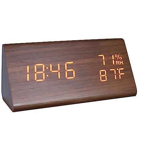 Lancoon Sveglia Digitale In Legno, Ora Data Temperatura Umidità Display Attivazione Sonora 3 Livelli Di Luminosità Sveglia Da Tavolo Per Casa Camera Da Letto