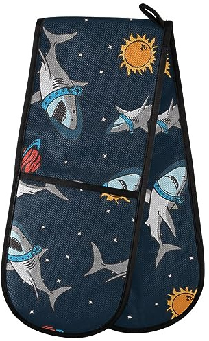 ZZXXB Astronaut Shark Double Oven Mitt Heat Resistant Non-Slip Kitchen Gloves Extra Long 7 x 35 for Cooking Baking Barbecue Grilling