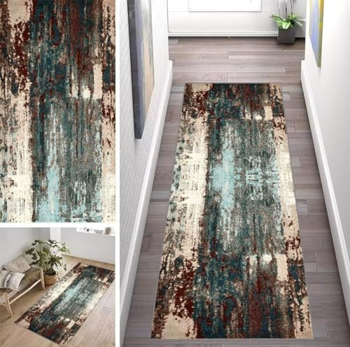 ZUZEKU Läufer Flur Küche Waschbar rutschfest 50X200cm Abstrakte Bunt Blau und Braun Vintage Lang Küchenteppich Flurteppich Teppich Fur Korridor Wohnzimmer Schlafzimmer Meterware Anpassbar