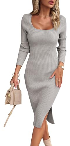 VOGMATE Strickkleid Damen Winter Langarm Kleid Sexy Herbstkleid Partykleid Midikleid Knit Bodycon Dress Pulloverkleid Lichtgrau M