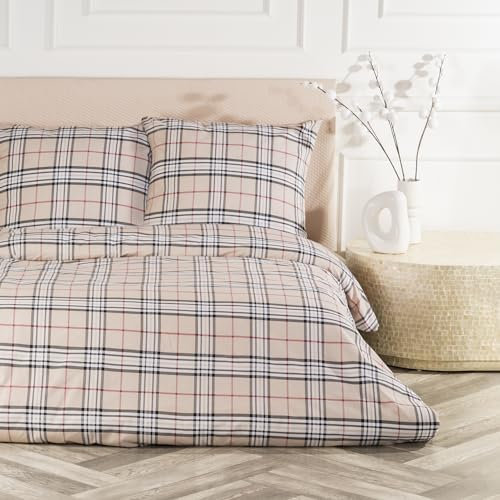 VEL VET HOME Parure de lit 135x200cm 100% Coton Linge de lit 135x200 +1X taie d'oreiller 80x80cm Housse de Couette de Haute qualité avec Fermeture éclair Fabriqué en Europe Beige & Carreau