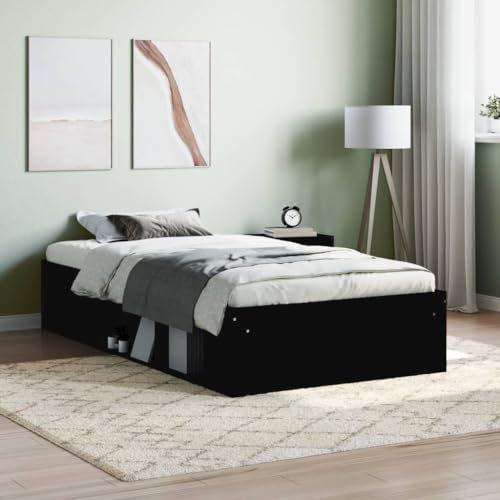 DJEKA Bett 90x200 mit lattenrost Holz Bettgestell 90x200 Holz Holzbett 90x200 Doppelbett mit 6 Fächer-Schwarz-90 x 200 cm