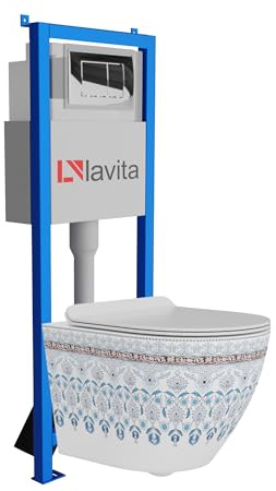 Lavita LAV 101 Vorwandelement für WC 40cm + Wand Hänge Tiefspül WC SOFI SLIM FOLKLOR Spülrandlos + Bedienplatte LAV 200.1.2 Verchromt | Komplettset | Unterputz Spülkasten | Toilette Komplett Sett