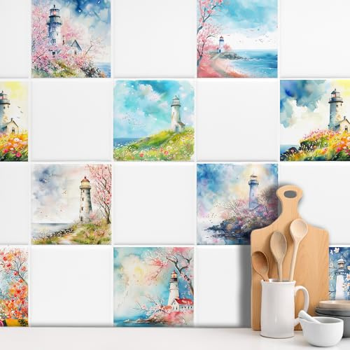 GRAZDesign Fliesenaufkleber Bad & Küche, maritim Leuchtturm mit Blumen Watercolor, Klebefliesen selbstklebend - 15x15cm / 20 Stück