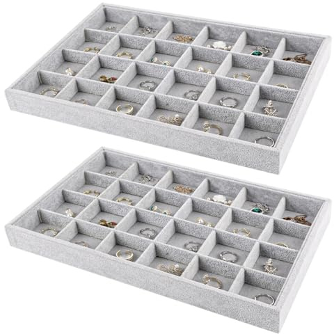 SHUESS 2 Stück Schmucktablett, 24 Grids Samt Schmucktablett für Schublade, Schmuckaufbewahrung SchubladeSchmuckkästchen ersetzt für Halsketten Armbänder Ohrringe Ringe Uhren (Grau)