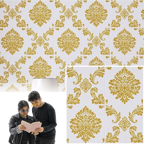 HAILM 10 Stück 3D Wandpaneele 70 X 70 cm Wandverkleidung Selbstklebend 3D-DIY-Wand Panel Wasserdichtes XPE Tapete 3D Für Badezimmer-Schlafzimmermöbel Zu Hause,Gold