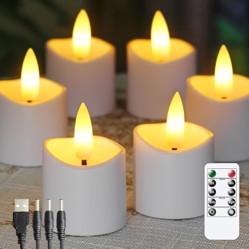 Zevanor Wiederaufladbare flammenlose Fernbedienung 4cm x4cm Teelicht LED-Kerzen, flackernde Kunststoff weiß Timerfunktion Packung von 6 Votiv Teelicht Kerzen mit Ladekabel