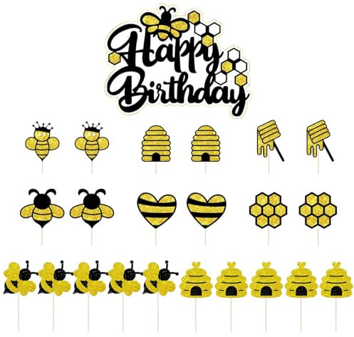 23 insertos temáticos de abejas, insertos para decoración de tartas, insertos de abejas, insertos para cupcakes, insertos para tartas de bricolaje, utilizables para cumpleaños infantiles, fiestas