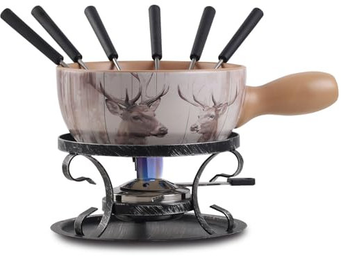 Artestia Forest Duo Swiss Design Fondue Set for Party - 2L Large Capacity Cheese Fondue Pot Melting Chocolate, Ceramic Fondue Pot, 6 Fondue Forks, Christmas, Wedding Gifts