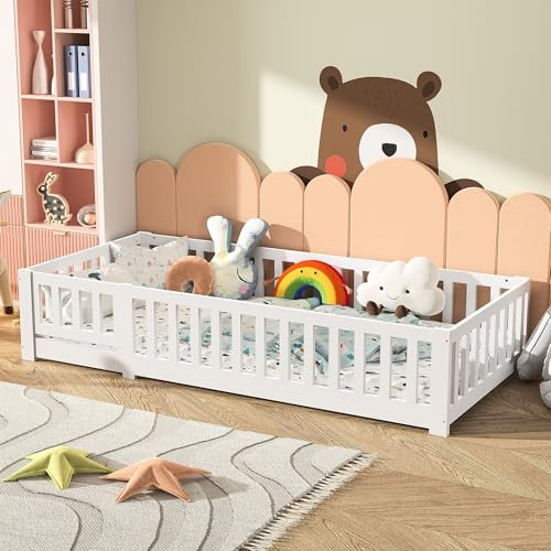 NLDGR Cama infantil de suelo de 200 x 90 cm, cama infantil de madera para niños y niñas, con somier de láminas y protección anticaídas, color blanco, somier de láminas de pino macizo, cama baja para