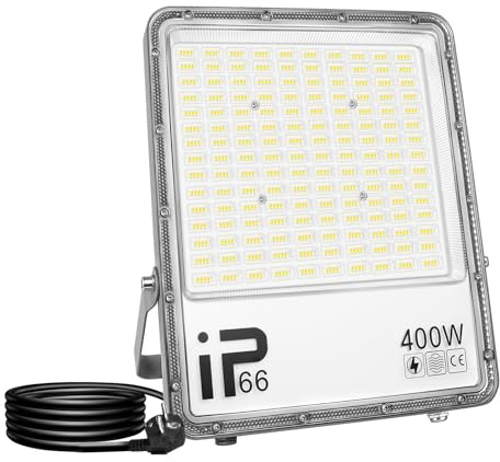 RIGIDON 1x 400W LED-spotlight utomhus med stickpropp, 40000LM säkerhetsljus, LED-projektor, LED-spotlights, vitt ljus 6000K, IP66 för Garden Courtyard Garage Square Workshop (1,5M elkabel)