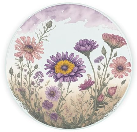 Plan de travail rond en verre motif floral violet – champs de fleurs et campagne – Planche à découper texturée/protection de plan de travail pieds antidérapants 30 cm x 30 cm